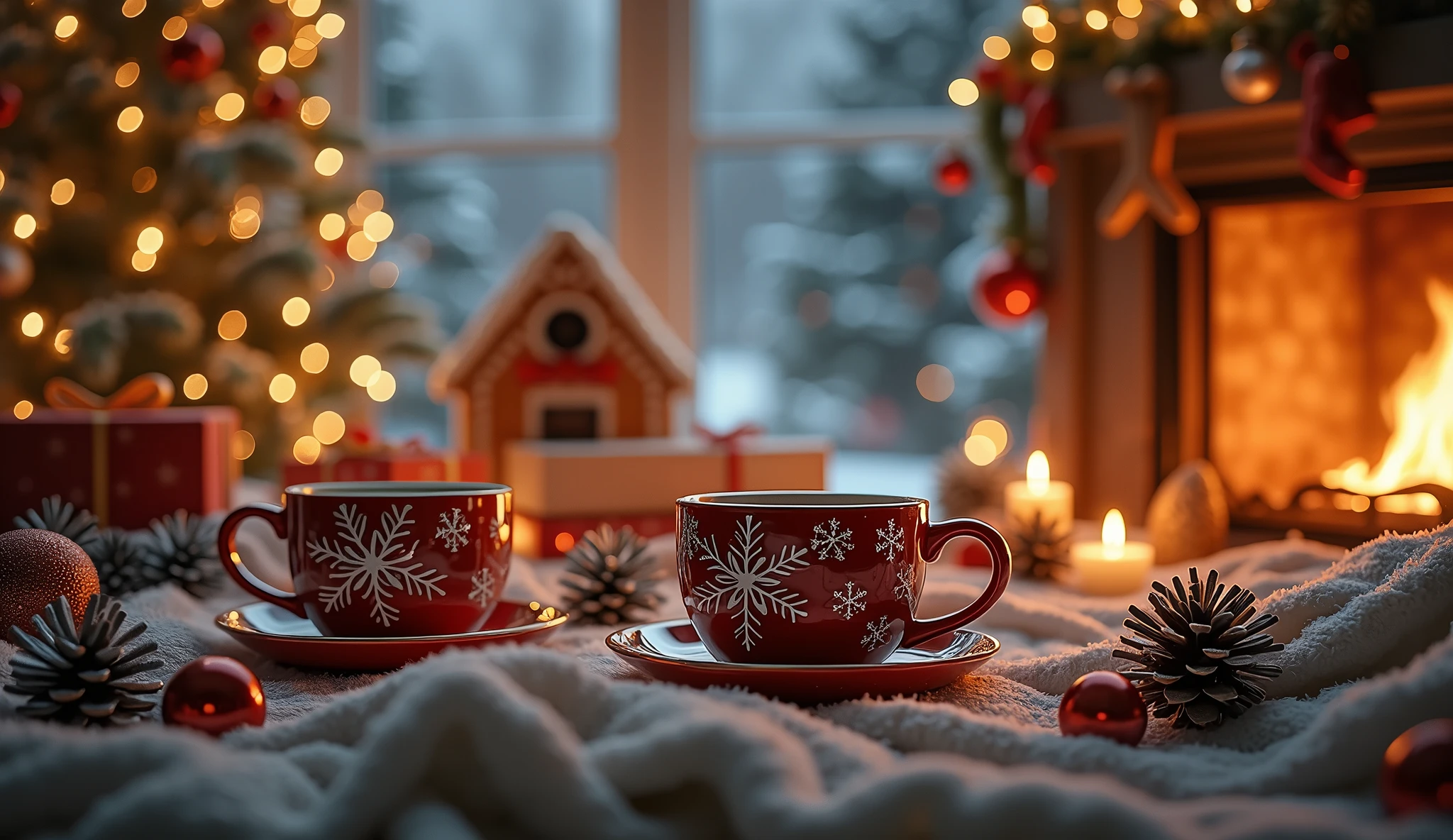 a cozy winter scene, mugs of hot coffee, intricate christmas ornaments, warm fireplace, twinkling string lights, snowy pine trees, gingerbread house, stacks of holiday presents, festive garlands, candles flickering, plush throw blankets, (best quality,4k,8k,highres,masterpiece:1.2),ultra-detailed,(realistic,photorealistic,photo-realistic:1.37),highly detailed,cinematic lighting,warm color palette,christmas aesthetic,holiday vibes,cozy and inviting