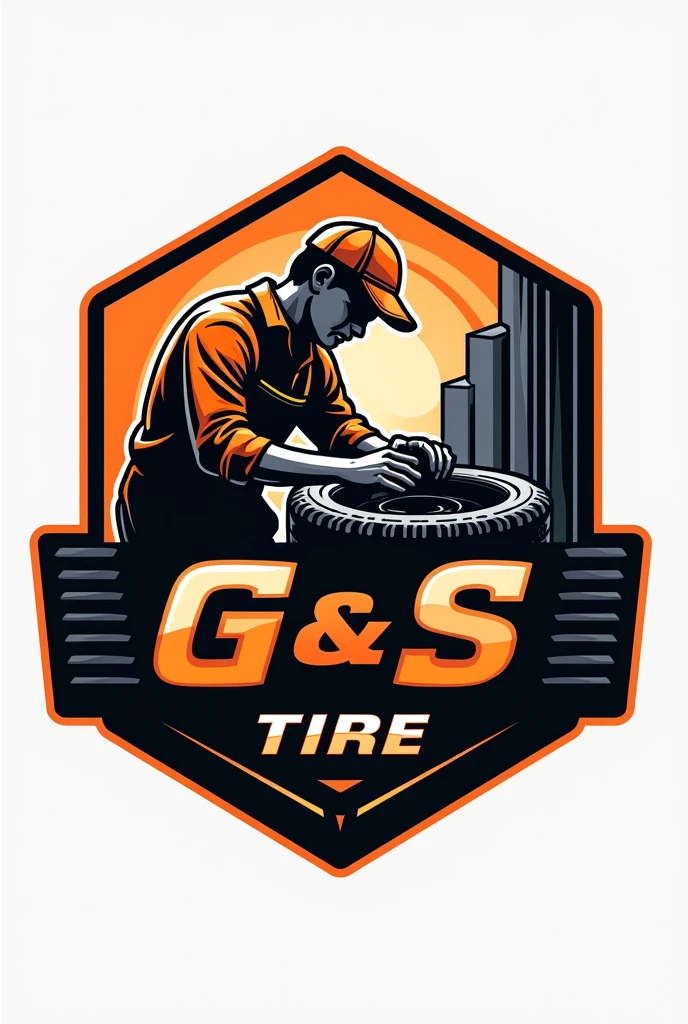 Create a professional mechanic workshop logo G&S TIRES orange and black