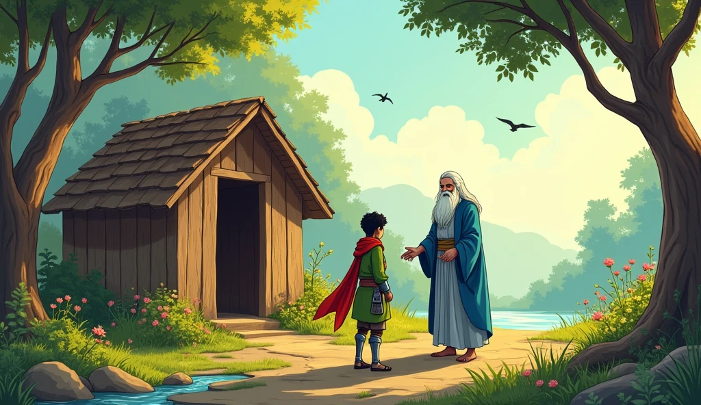 Here’s the updated prompt for number 6 with added background details:
6. **Sage Bhaskar welcoming Arav**: Comic style. **Arav a 2 warrior wearing armor **, bows respectfully as Sage Bhaskar greets him in front of the simple wooden hut. The clearing is peaceful, surrounded by tall trees with sunlight filtering through the leaves, creating a warm, golden light. The stream in the background flows gently, and there are a few wildflowers blooming near the hut, adding to the serene atmosphere. Arav's expression is a mix of respect and curiosity. He’s dressed in his green cloak, with the red scarf clearly visible. The sage, with his long white beard and blue eyes, gestures for Arav to enter, his white robes flowing gently in the breeze. In the distance, a few birds are flying across the sky, enhancing the tranquility of the scene.
