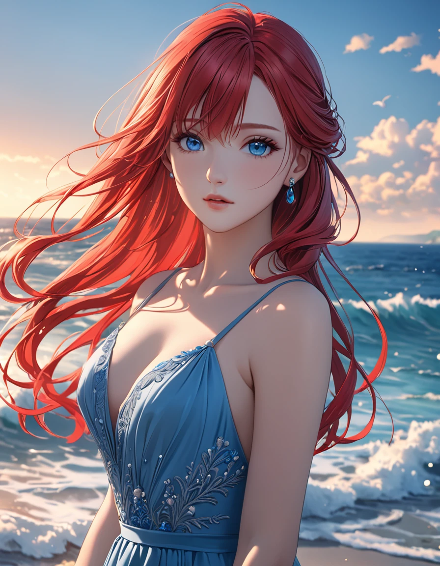 best quality, 8K, high res, ultra-detailed, cinematic lighting,1girl,bright red hair,long hair,blue detail jewelry eyes, delicate ocean,seaside,,((blue dress)),