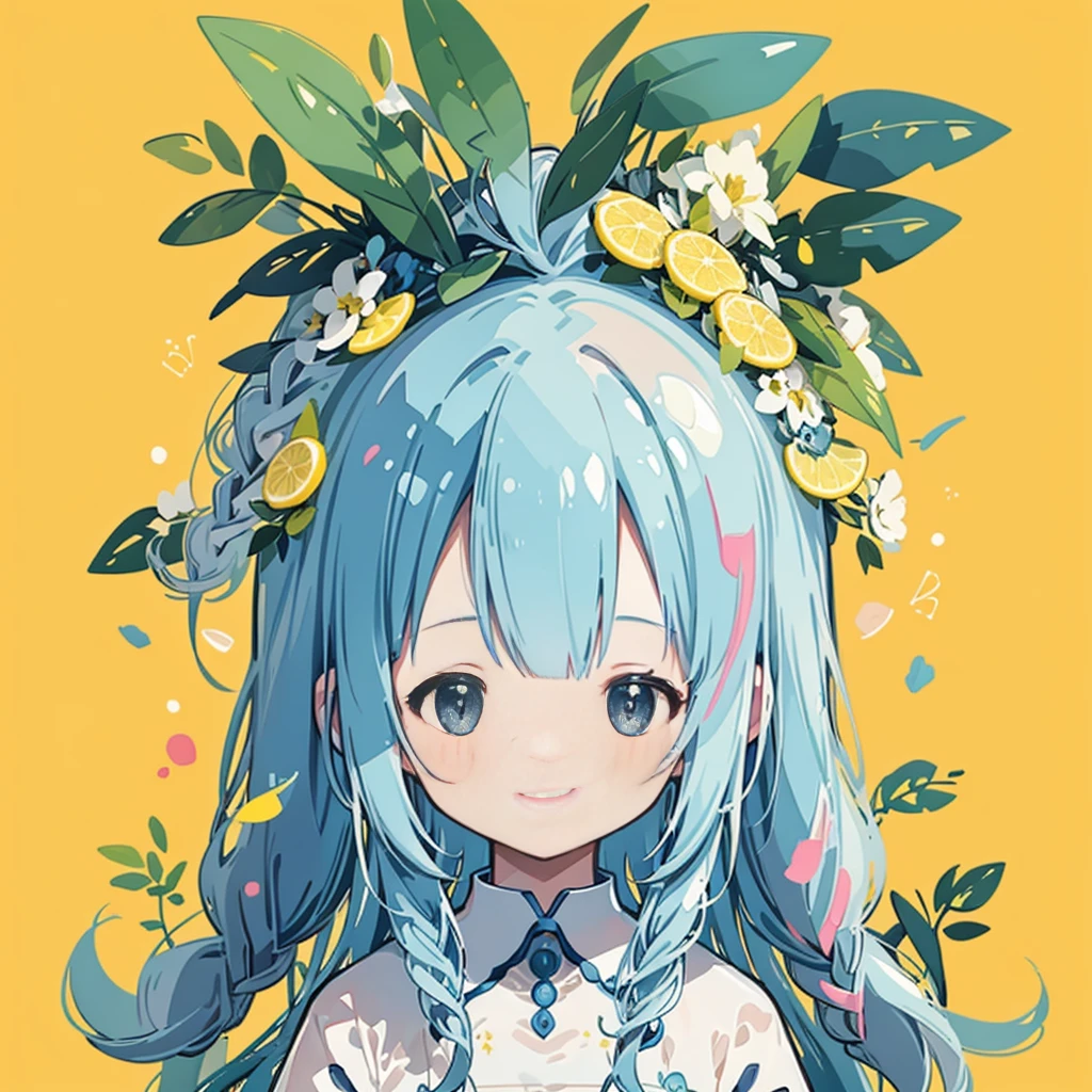 transparent watercolor、girl、Jewel Eyes、Beautiful arrangements and motifs、Depth of bounds written、flat avatar, 1girl, Smile, light pink hair((left and right braids、wavy hair)), 髪の毛にfoliages、yellow object、hair with white tips, Fashionable Design Clothing((blue and white)),background white, Cute Girl、Yellow theme、lemonade、Lemon hair ornament、foliages、Transparent dress、A fluffy dress、Transparent feather robe、yellow transparent、glitter lemon、beautiful girl、smile gently、Transparent cloth、exposed、summer-like、Yellow and green、cheerful girl、Banzai