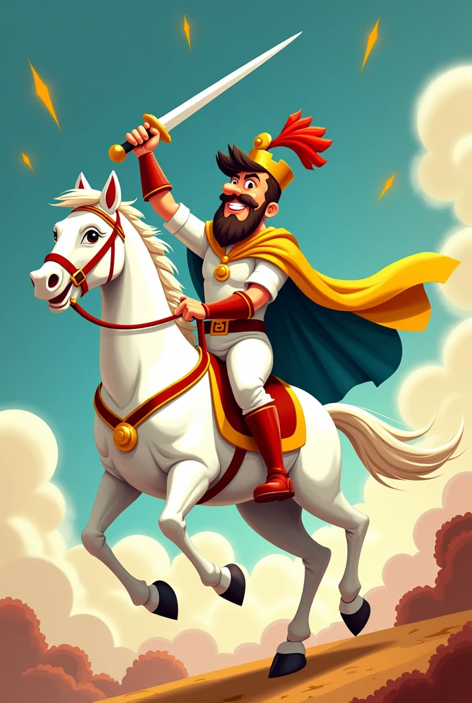 Create a stylized image of Dom Pedro I riding a white horse, inspired by Disney art. The image should reflect cute and expressive character design, with soft strokes and vibrant colors, as seen in the reference image. Dom Pedro I must have his sword raised, in a heroic and confident pose. Capture the scene in a diagonal composition, with a background that complements the festive and patriotic tone of Brazil, using graphic elements similar to those in the image provided, like vibrant colors and a cheerful, modern design.