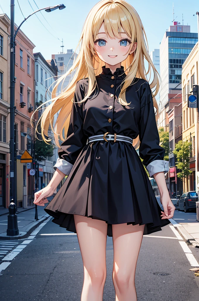 best quality, masterpiece, whole body, looking at viewer, blonde hair, Cool smile, girl, solo, Sky blue eyes smile, Cute face, high fashion, city