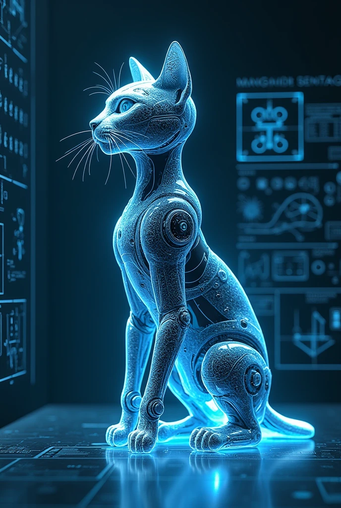 (masterpiece:1.2,Superior Quality,mirror-like,Cinematic Experience,Realistic:2.0,RAW Photos:2.0,Very detailed),8k,wallpaper,(Representing blueprints through holograms:3.0),(Cat standing up:2.0),Cat Cyborg,(Cat Cyborgの設計図:3.0),(Draw a back view:2.0),(Avant-garde design:2.0),(Drawing out detailed designs:2.0),(Numerous notes on configuration:2.0),Glancing sideways at the viewer