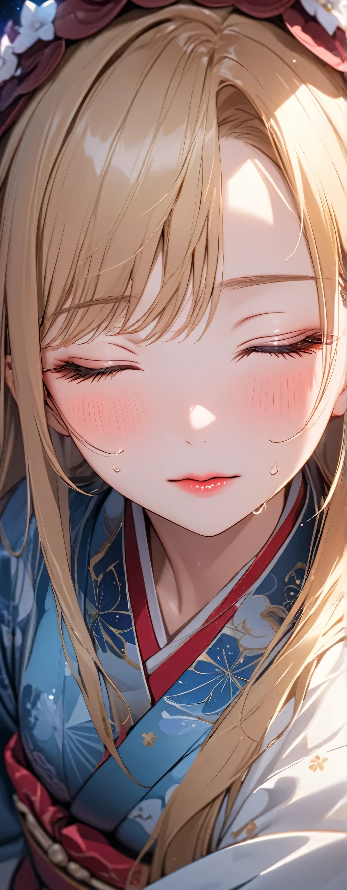 (beautiful girl: 1.3),1girl,masterpiece, Highest quality, Ultra-high resolution,Rich contrast,super high quality,8k,Highly detailed CG unit wallpaper,texture,Unbelievably absurd,Ultra-high resolution,RAW Photos,Depth of Field 1.2,(Beautiful and detailed kimono),blush,White skin,blonde,Long Hair,moon between the clouds,stardust,,mystic glow,phantom moon,(Eyes closed:1.3),incoming kiss,blush,Sweat,(shoot from front,close up,extreme),cowboy shot,from above,Beautiful glossy lips