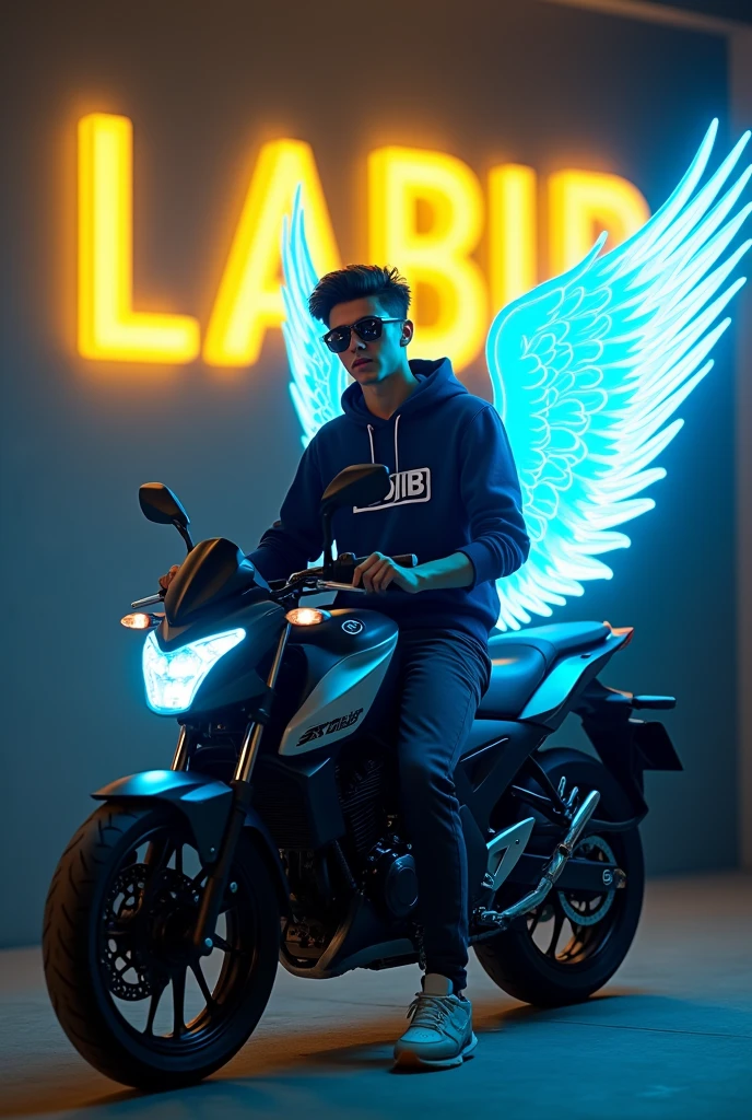 Create a 3D illusion for a profile picture where a 2 cute boy in a dark blue hoodie sitting casually on a Kawasaki bike. Wearing sneaker and sunglasses, He looks ahead. The background features “LABIB” in big and capital yellow neon light fonts on the dark grey wall. and there are Blue neon glow wings to make it appear as if he is an angel. And my name’ LABIB’ should be written on the t-shirt .