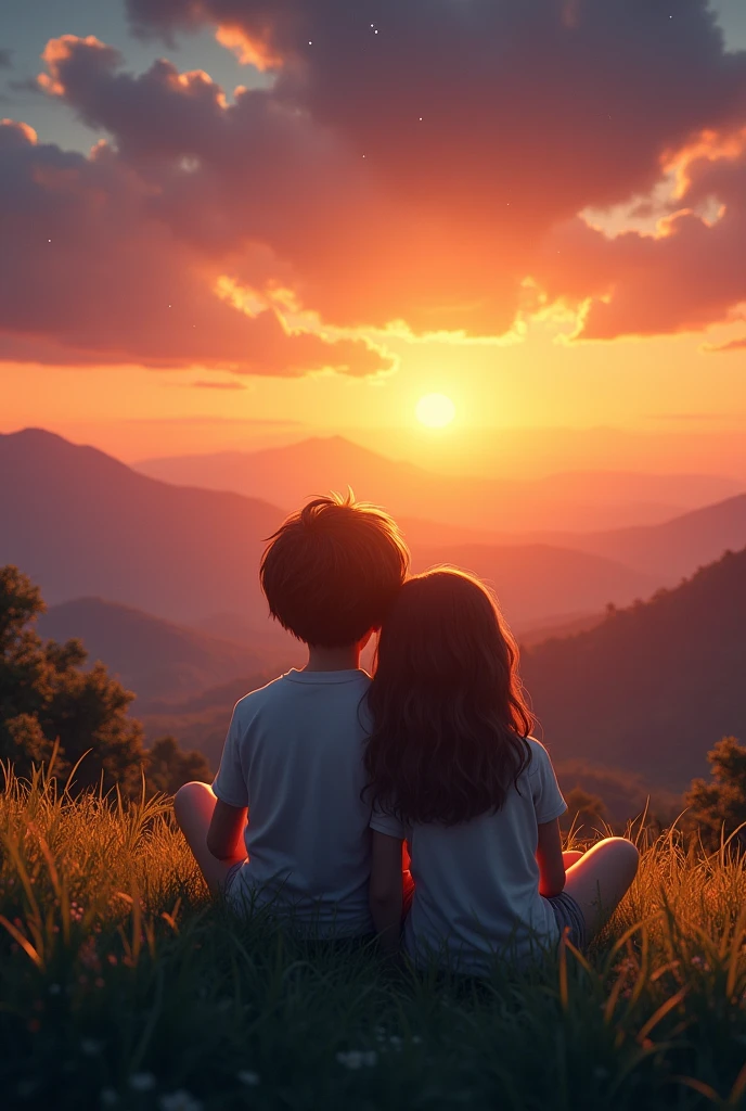 Hyper-Realistic Sunset Hilltop Scene (Front View): A boy and girl sit together on the grassy top of a hill, facing the viewer, with the girl gently resting her head on the boy’s shoulder. Their expressions are peaceful and content as they enjoy the stunning sunset before them. The sun is low on the horizon, casting a warm, golden light that highlights their faces and the landscape around them. The sky is a rich blend of orange, pink, and purple, with a few stars beginning to appear as night approaches. The hilltop is surrounded by lush greenery, and the distant mountains are softly bathed in the evening light. The overall mood is serene and intimate, capturing the beauty of nature and the bond between them.