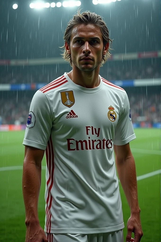 Luka Modric, 8k, RAW photo, (top quality, masterpiece, intricate detail: 1.4), (realistic, photorealistic: 1.3), (realistic: 1.3), photorealistic, Real Madrid male soccer (rainy weather)), (heavy rain), (((wet soccer field)) , Wet skin, (Transparent nipple protuberances)) luka modric in a wet costume standing on a football field, Alexey Egorov, Wojtek Fus, Karol Bak Uhd, Alexi Zaitsev, sweaty 4 K, Barbara Hammer 4 K, Maxim Sukharev, Anton Fadeev 8 K, Kyrill Kotashev style, wet rainy, sweaty wet skin