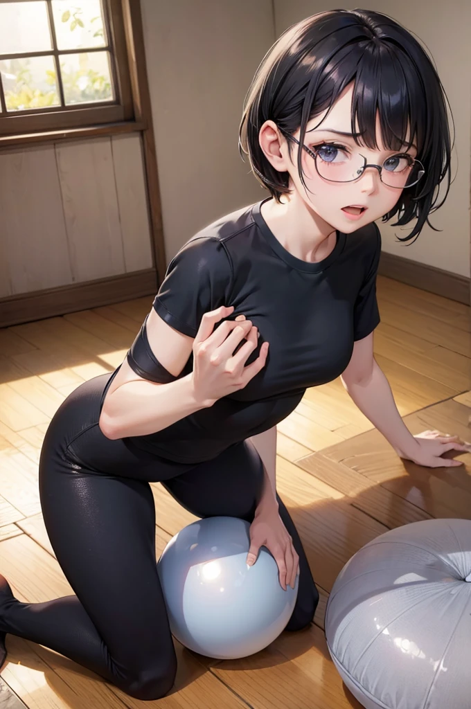 sfw,RAWphoto,photorealistic,8k16k,best quality,perfect anatomy,perfect detailed,ultra highres, extremely detailed eyes and face,gleaming skin,shiny skin,1girl,Japanese,black short hair,pixie cut,parted bangs,forehead,eyewear,round face,medium breasts,chubby,thick thigh,huge hip,wearing T-shirt,half yoga pants,sitting on the balance ball,Lean your body back on the balance ball,living room,tears eyes,open mouth, wavy mouth