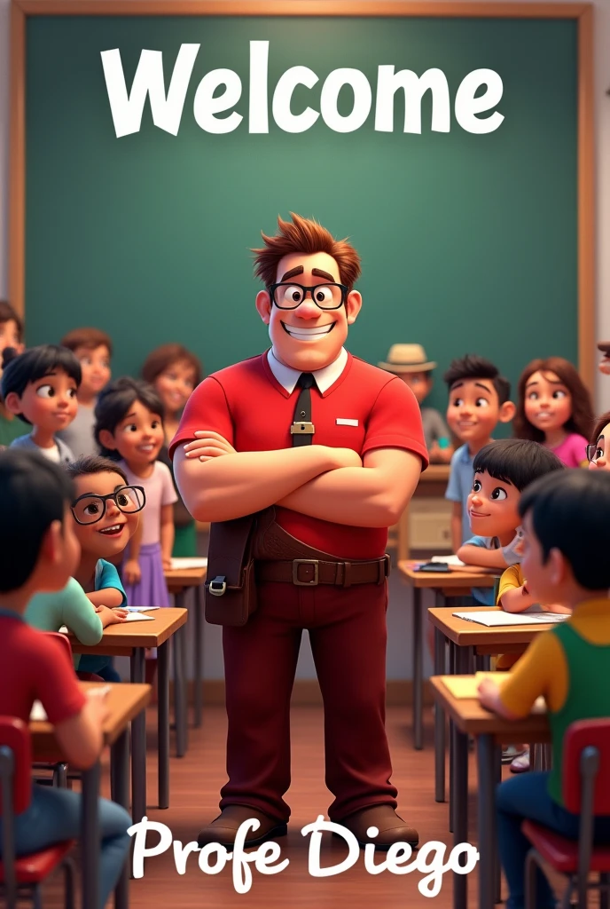 Create a Wreck-It Ralph movie cover as a happy teacher with glasses with his students behind him in a classroom. At the top it should say WELCOME and at the bottom should be the text Profe Diego in Spanish the texts