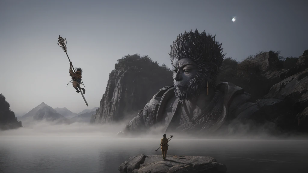 wukong \(black myth\) Standing on a huge rock, looking at the huge Buddha statue made of water，Swinging the Golden Cudgel，Jump up handsomely，After all the hardships，Stand in front of the Buddha statue，Sense of giants，Movie Feel，Lake fog，Perfect composition，close up，Shock