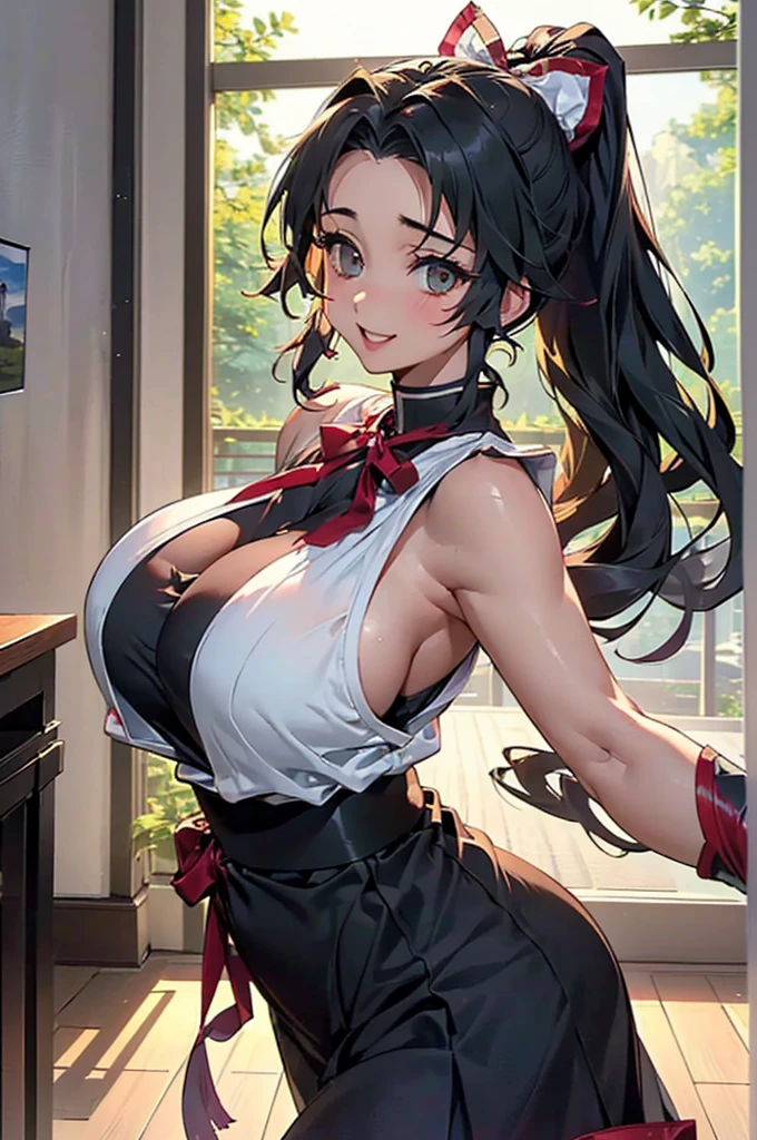 ((((High resolution, Intricate details, masterpiece, 8k, from front)))), (((beautiful, Big Breasts, Large Breasts, Huge Saggy Tits, Ninja, Ninjaスーツ))), ((indoor, One Woman, smile, laughing, dancing, Red cheeks, dancing, Big Breasts, Large Breasts, Huge Saggy Tits, Sweat, Wet Skin)), (Black Hair, Beautiful forehead, Long Hair, ponytail, Big ribbon, Glowing Skin), from front, looking at viewer, look at viewer, night, Bright room,