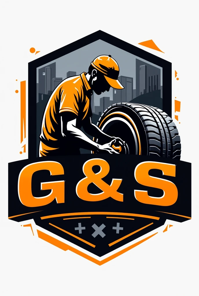 Create a professional mechanic workshop logo G&S TIRES orange and black