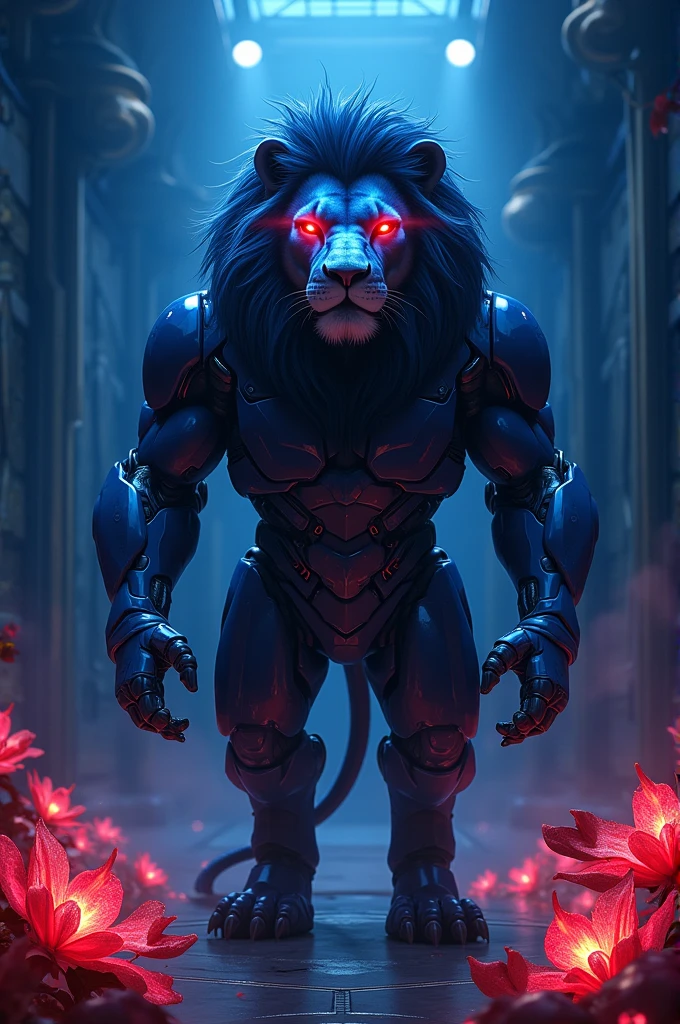 a lion in a dark blue robot suit in a dark blue room. the lion's eyes are glowing red. around the lion are fragrant flowers made of red diamonds. and the chelsea football club logo on the wall