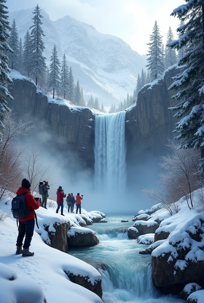 Waterfall in snow.and tourists