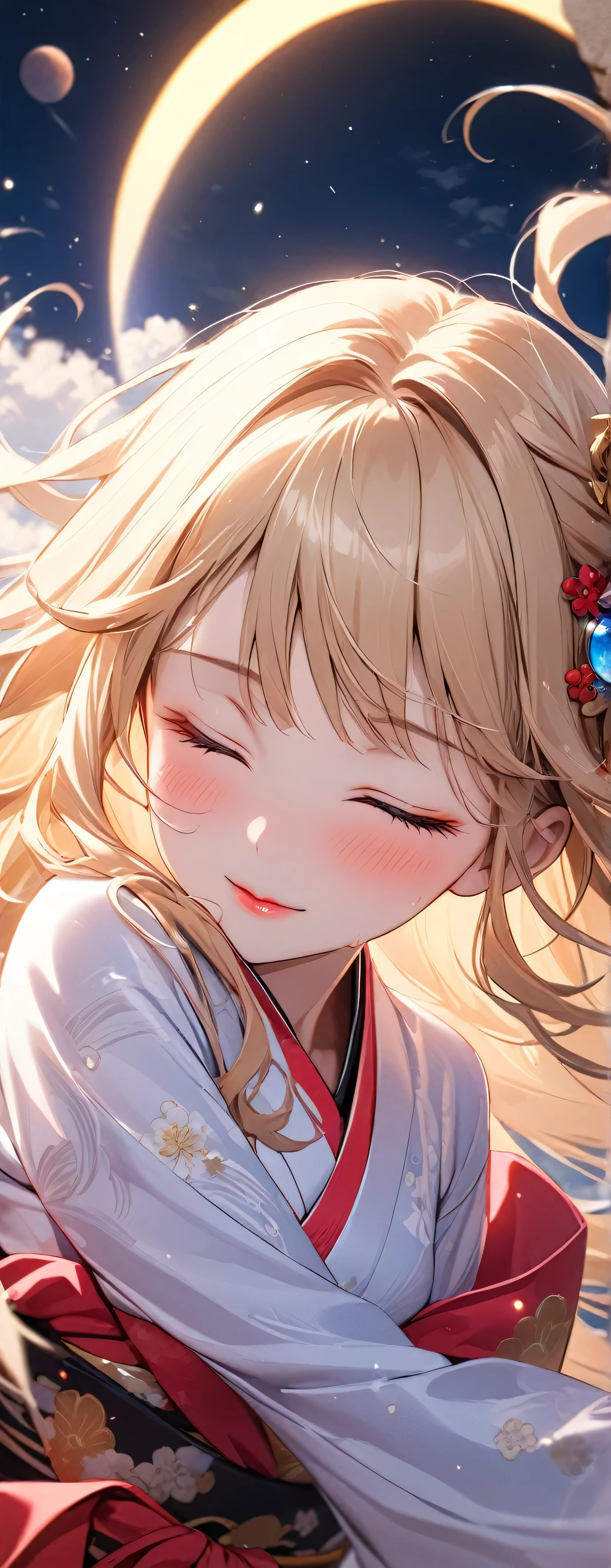 (beautiful girl: 1.3),1girl,masterpiece, Highest quality, Ultra-high resolution,Rich contrast,super high quality,8k,Highly detailed CG unit wallpaper,texture,Unbelievably absurd,Ultra-high resolution,RAW Photos,Depth of Field 1.2,(Beautiful and detailed kimono),blush,White skin,blonde,Long Hair,moon between the clouds,stardust,,mystic glow,phantom moon,(Eyes closed:1.3),incoming kiss,blush,Sweat,(shoot from front,close up,extreme),cowboy shot,from above,Beautiful glossy lips