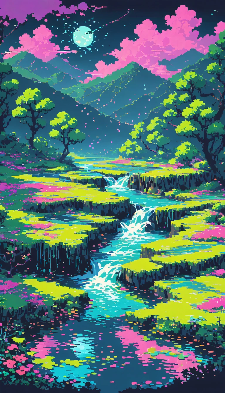 dark neon Magical Witch pixel ,landscape, No people ,Poisonous River