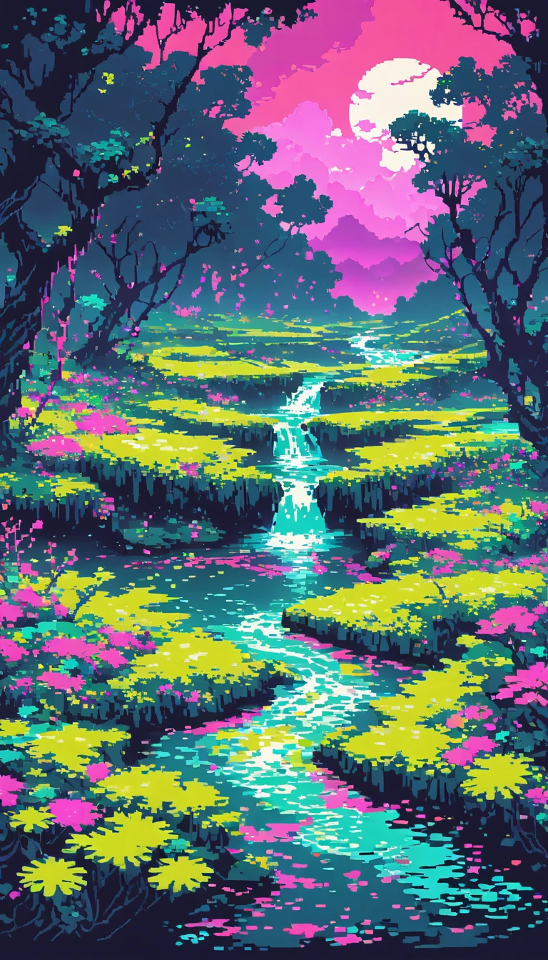 dark neon Magical Witch pixel ,landscape, No people ,Poisonous River