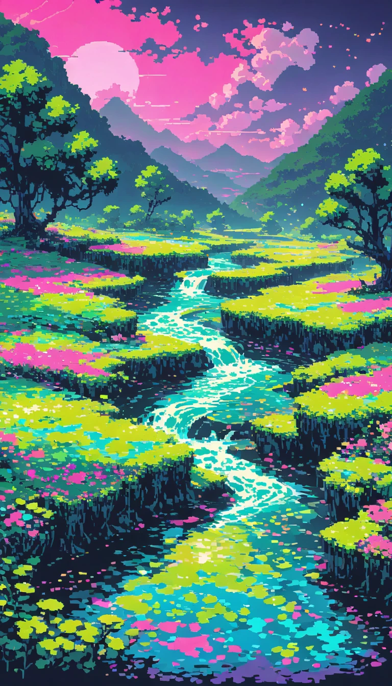 dark neon Magical Witch pixel ,landscape, No people ,Poisonous River