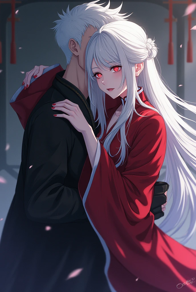 A woman with long white hair and ruby red eyes,,, Clothes like a Chinese cultivator,, hiding behind someone with her arms around her,,anime art,,Hiding because he's afraid and just showing his arm to the person he's hugging