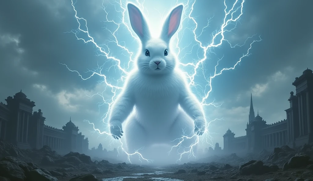 A rabbit, The color is white, god화의monster, monster, It's so big it could swallow up a city., The whole body is enveloped in lightning and electricity., Ancient city background after war, It is 100m in size, god화속세상, high detail, 8k, photorealistic, hyper realistic, god