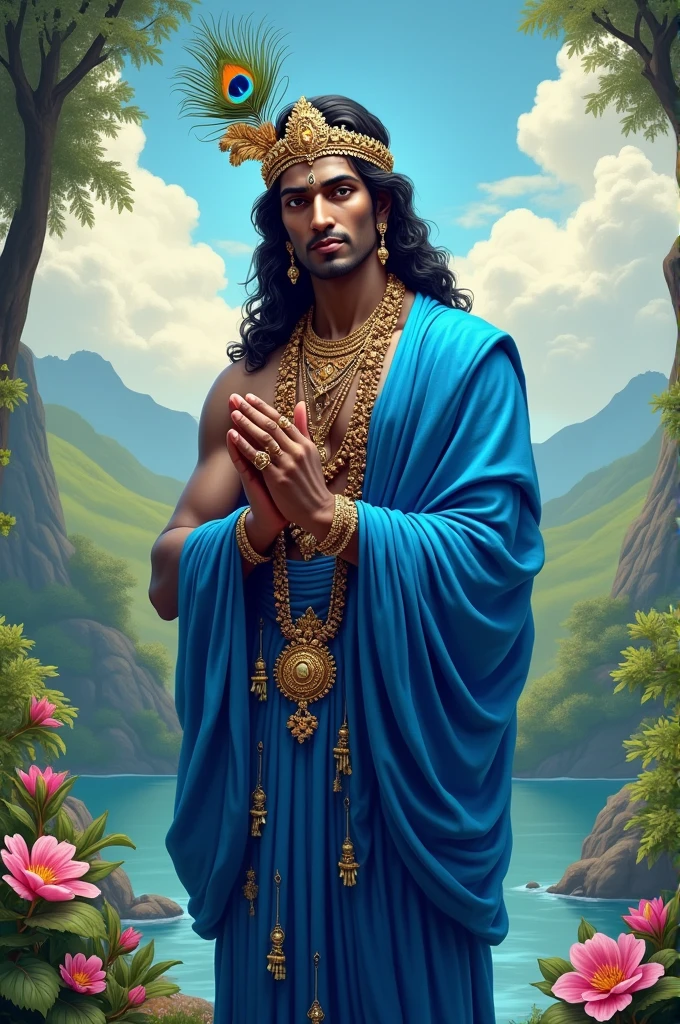 Create an image of Male Lord Krishna with name "Inder Rajpurohit" in blue clothes