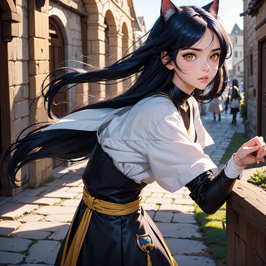 portrait, 1girl, young girl, cute girl, soft face, dark blue hair, anime hair, medium-long hair, yellow eyes, ninja, medieval, fantasy, RPG, cat ears, hidden human ears, at a medieval city, (best quality, masterpiece)