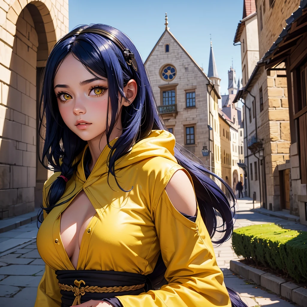 portrait, 1girl, young girl, cute girl, soft face, dark blue hair, anime hair, medium-long hair, yellow eyes, ninja, medieval, fantasy, RPG, cat ears, at a medieval city, (best quality, masterpiece)