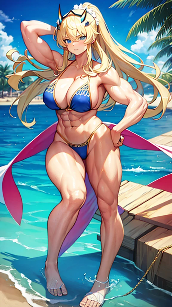 Blonde busty beauty,muscle,Abdominal muscles,blue and white bikini,Bare legs,barefoot,Standing,Sunlight,Sea