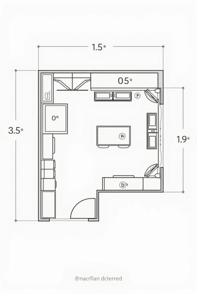 Draw a kitchen plan, a space of (3,50 m x 6 m) with the names of the areas, for example the preparation area and so on, as well as the centimetres used. Kitchen plan 1. Preparation area (2 m x 1,5 m)
    - Located in the left corner of the kitchen - Work table (1 m x 0,60 m)
    - Washbasin (0,50 m x 0,40 m)
    - Storage of ingredients (0,50 m x 0,40 m)
2. Cooking area (2 m x 1,5 m)
    - Located next to the preparation area - Stove (0,60 m x 0,40 m)
    - Microwave oven (0,30 m x 0,20 m)
    - Storing cooking utensils (0,50 m x 0,40 m)
