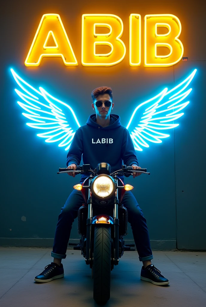 Create a 3D illusion for a profile picture where a 2 cute boy in a dark blue hoodie sitting casually on a Kawasaki  bike. Wearing sneaker and sunglasses, He looks ahead. The background features “LABIB” in big and capital yellow neon light fonts on the dark grey wall. and there are Blue neon glow wings to make it appear as if he is an angel. And my name’ LABIB’ should be written on the t-shirt .