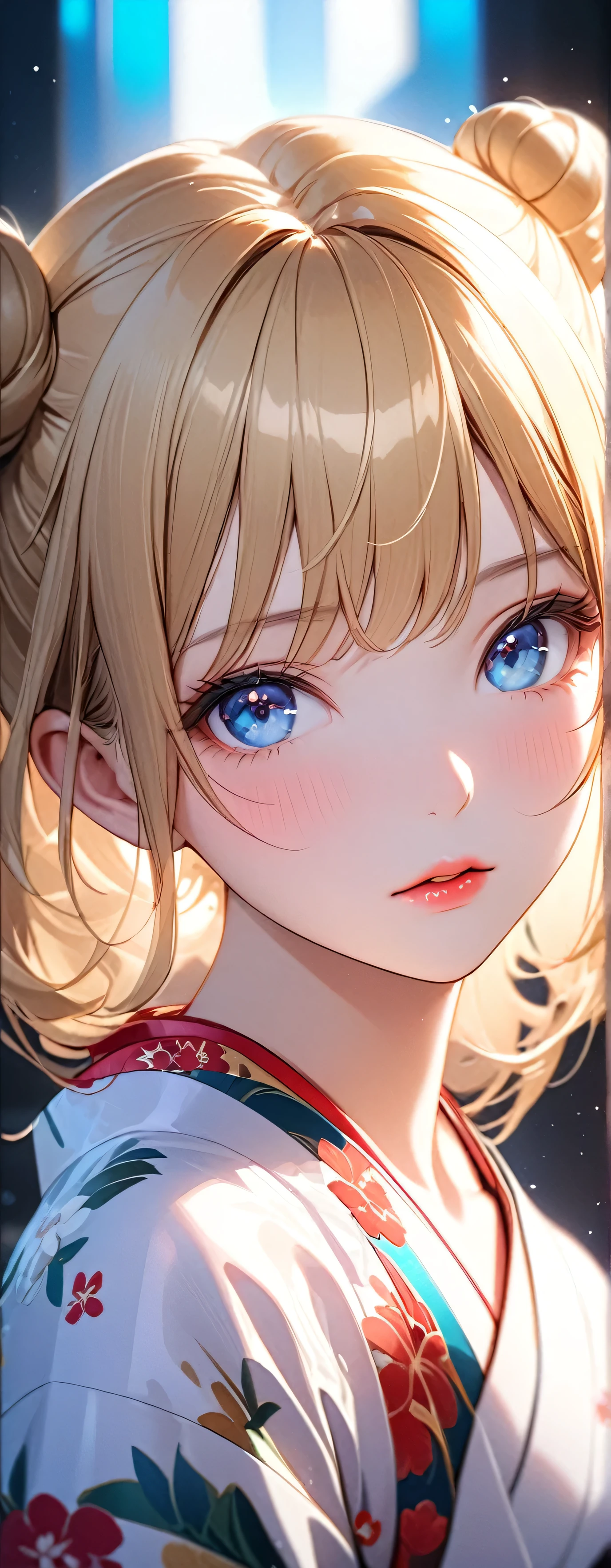 (beautiful girl: 1.3),1girl,masterpiece, Highest quality, Ultra-high resolution,Rich contrast,super high quality,8k,Highly detailed CG unit wallpaper,texture,Unbelievably absurd,Ultra-high resolution,RAW Photos,Depth of Field 1.2,double buns,blonde,Light blue eyes,(Beautiful and detailed kimono),blush,White skin,blonde,Long Hair,Beautiful glossy lips