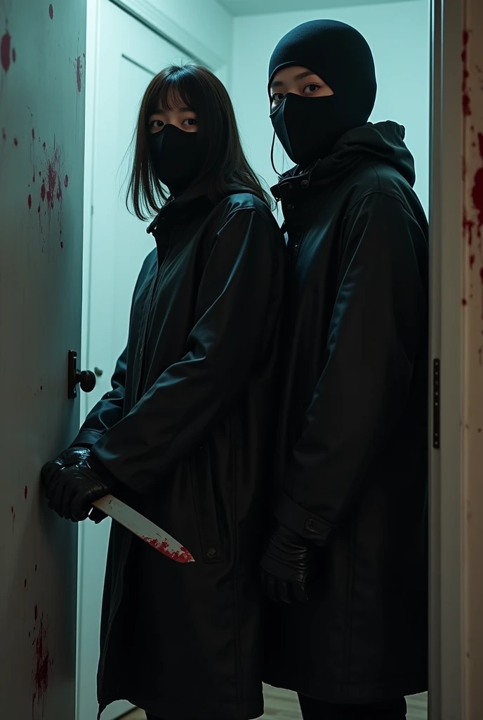 2 korean girls, (holding knife, leather balaclava mask), stabbing, black leather gloves, entrance of the house, black raincoat, girl only, bloody knife, leather gloves, looking at viewer, white room, blood splatter, night, mass murderer, killer, blood splatter, bloody room