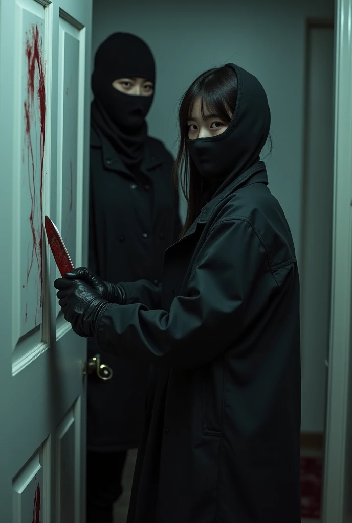 2 korean girls, (holding knife, leather balaclava mask), stabbing, black leather gloves, entrance of the house, black raincoat, girl only, bloody knife, leather gloves, looking at viewer, white room, blood splatter, night, mass murderer, killer, blood splatter, bloody room