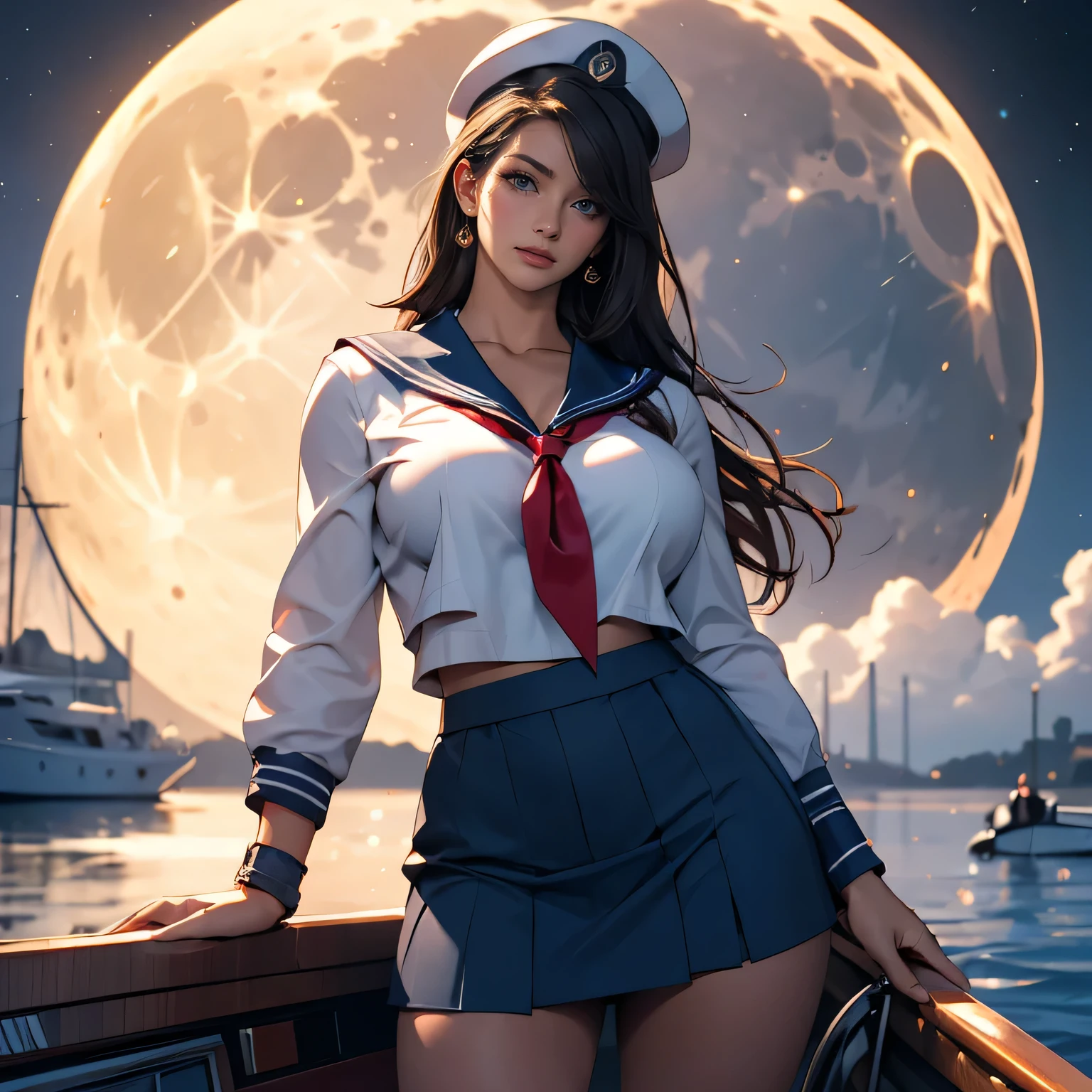 1 woman, Pretty Caucasian (female), Sarah Shahi, a slim but muscular body, huge breasts, dark brown messy hair, blue eyes, (RAW photo), (Realistic), (photo-realistic), ultra high resolution, masterpiece, highest quality, wearing a sailor uniform, tight ultra micro miniskirt, sailors cap, sexy thighs, exposed beautiful thighs, wide open chest, exposed large cleavage, huge breast, standing on a boat, in style of artgerm, moon shining, cosplay, a sexy sailor, , award - winning photo, lunar cycles, photo realistic, 8k vibrant colors
