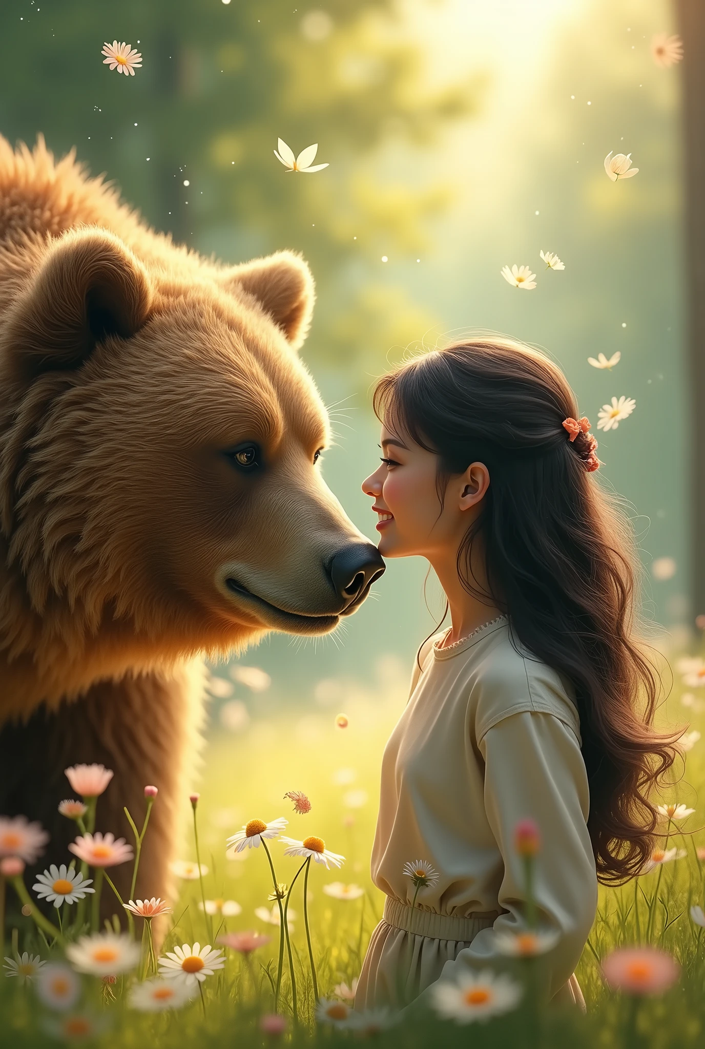 Pale sunlight filtering through the trees、Sparkling effects、Petals flutter、real、photo、animal、bear、Higuma、bearと女性、Bring your face closer、animalとの友情、野生のbear,A woman who grew up in the forest,A big smile,Flower Field
