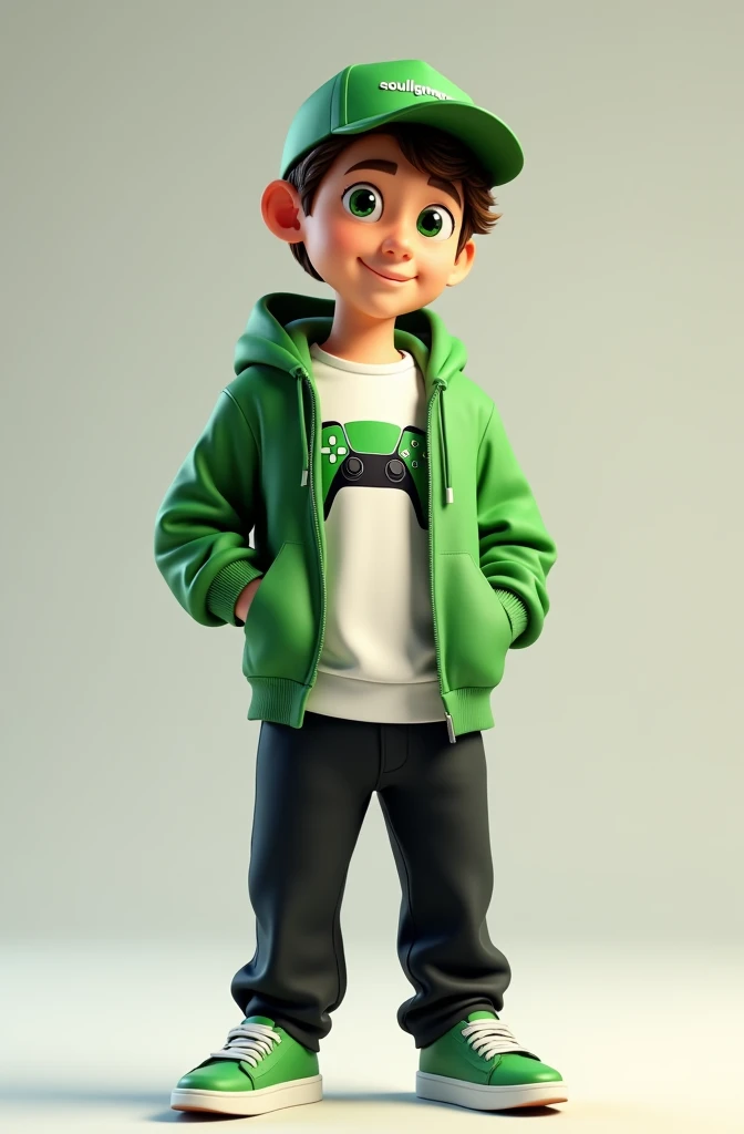 Create a 3D male influencer character of approximately 18 years of age and youthful appearance . He is tall. His facial expression is friendly and smiling., with big green eyes that convey a sense of curiosity and joy. your hair is short, brown in color and slightly disheveled, visible under the CAP. His cap is green and has the word "Soulgamer" printed on the front. He wears a white T-shirt with a PS5 controller image printed on it.. He wears a green hooded jacket over a white t-shirt and matching cap.. He wears loose black pants that fit comfortably over green sneakers that match his jacket and cap., with white shoelaces tied tightly. He is standing with the fist of one hand inside his jacket pocket while the fist of his other hand is raised as if in celebration..