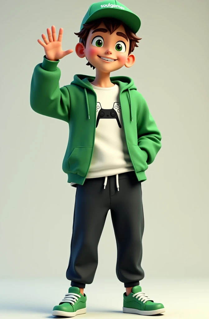 Create a 3D male influencer character of approximately 18 years of age and youthful appearance . He is tall. His facial expression is friendly and smiling., with big green eyes that convey a sense of curiosity and joy. your hair is short, brown in color and slightly disheveled, visible under the CAP. His cap is green and has the word "Soulgamer" printed on the front. He wears a white T-shirt with a PS5 controller image printed on it.. He wears a green hooded jacket over a white t-shirt and matching cap.. He wears loose black pants that fit comfortably over green sneakers that match his jacket and cap., with white shoelaces tied tightly. He is standing with the fist of one hand inside his jacket pocket while the fist of his other hand is raised as if in celebration..