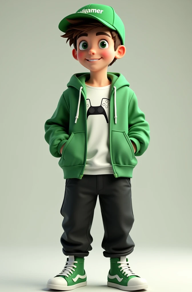 Create a 3D male influencer character of approximately 18 years of age and youthful appearance . He is tall. His facial expression is friendly and smiling., with big green eyes that convey a sense of curiosity and joy. your hair is short, brown in color and slightly disheveled, visible under the CAP. His cap is green and has the word "Soulgamer" printed on the front. He wears a white T-shirt with a PS5 controller image printed on it.. He wears a green hooded jacket over a white t-shirt and matching cap.. He wears loose black pants that fit comfortably over green sneakers that match his jacket and cap., with white shoelaces tied tightly. He is standing with the fist of one hand inside his jacket pocket while the fist of his other hand is raised as if in celebration..