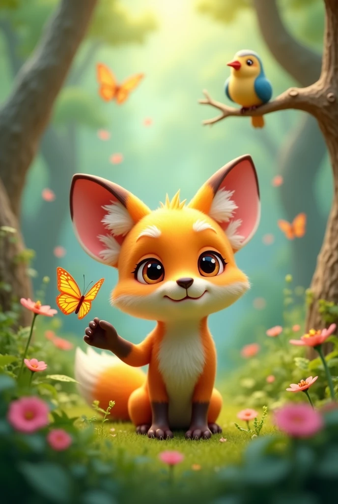 In Cinematic 3d cartoon style"creat a small size claver fox(fox colour yellow mixed up with pink colour),fox in the middle of the forest,one foot of fox pointing the butterfly,in the background few butterfly flying, face of fox is very claver,in the background two birds sitting on a branch of tree, size of fox is very small.