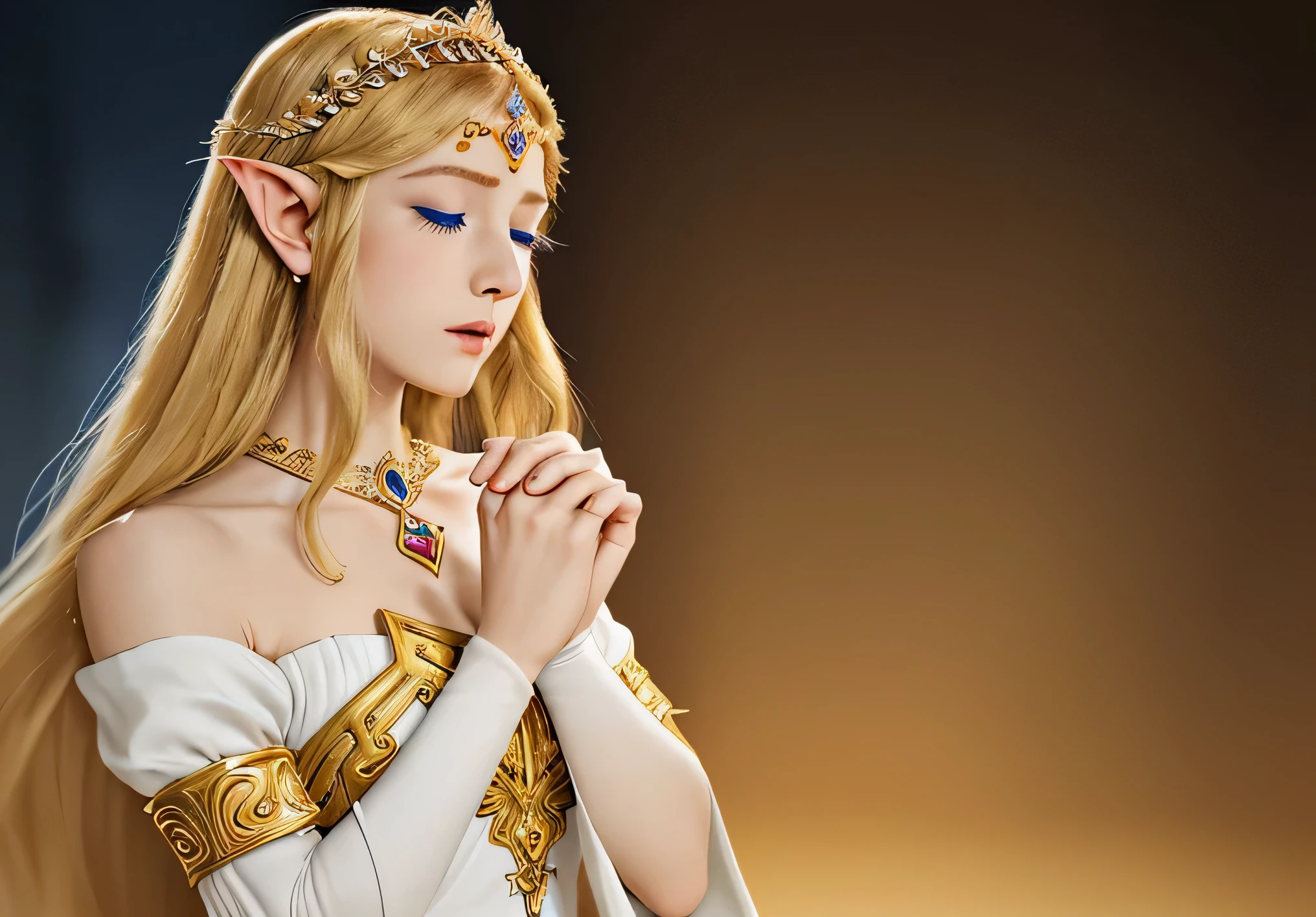 A delicate and detailed portrait of Princess Zelda from "The Legend of Zelda". Focus on the upper body and face. Dress in predominantly white, collar and bodice feature intricate gold embroidery forming the Triforce symbol and other ancient patterns. Her long golden hair cascades down her shoulders and frames her face perfectly. A delicate tiara rests gently on her forehead, studded with tiny sparkling gems that catch the light. Deep blue eyes. Eyes closed, hands clasped in front of chest, both knees on the floor, dark room, background barely visible with strong blur