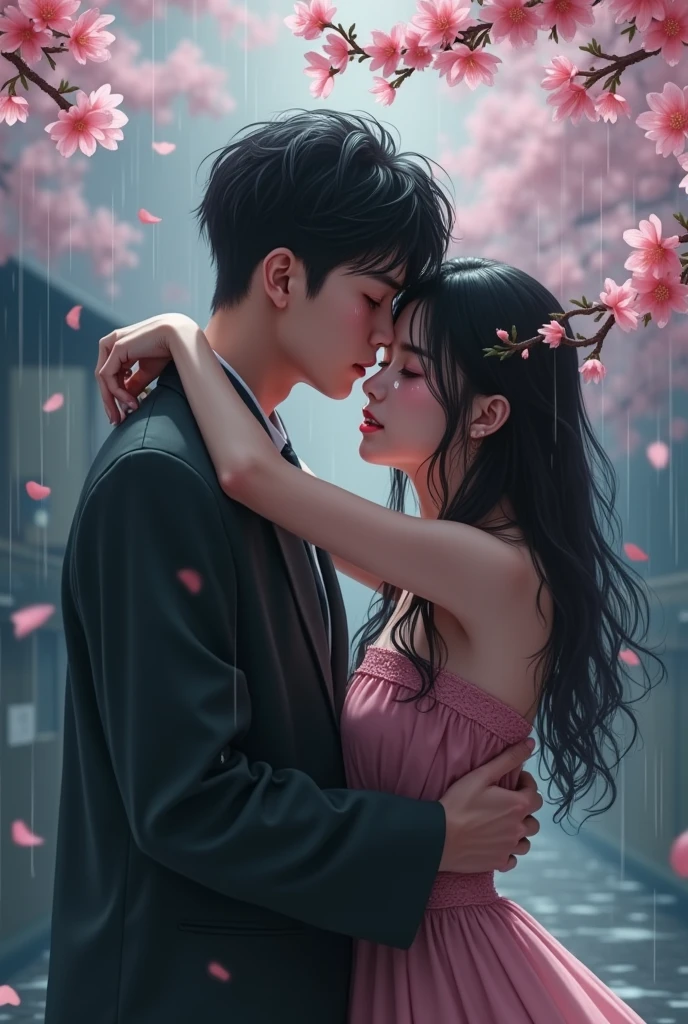 young beautiful man and woman crying together, in Japan, raining, Sakura, 4k, love. details