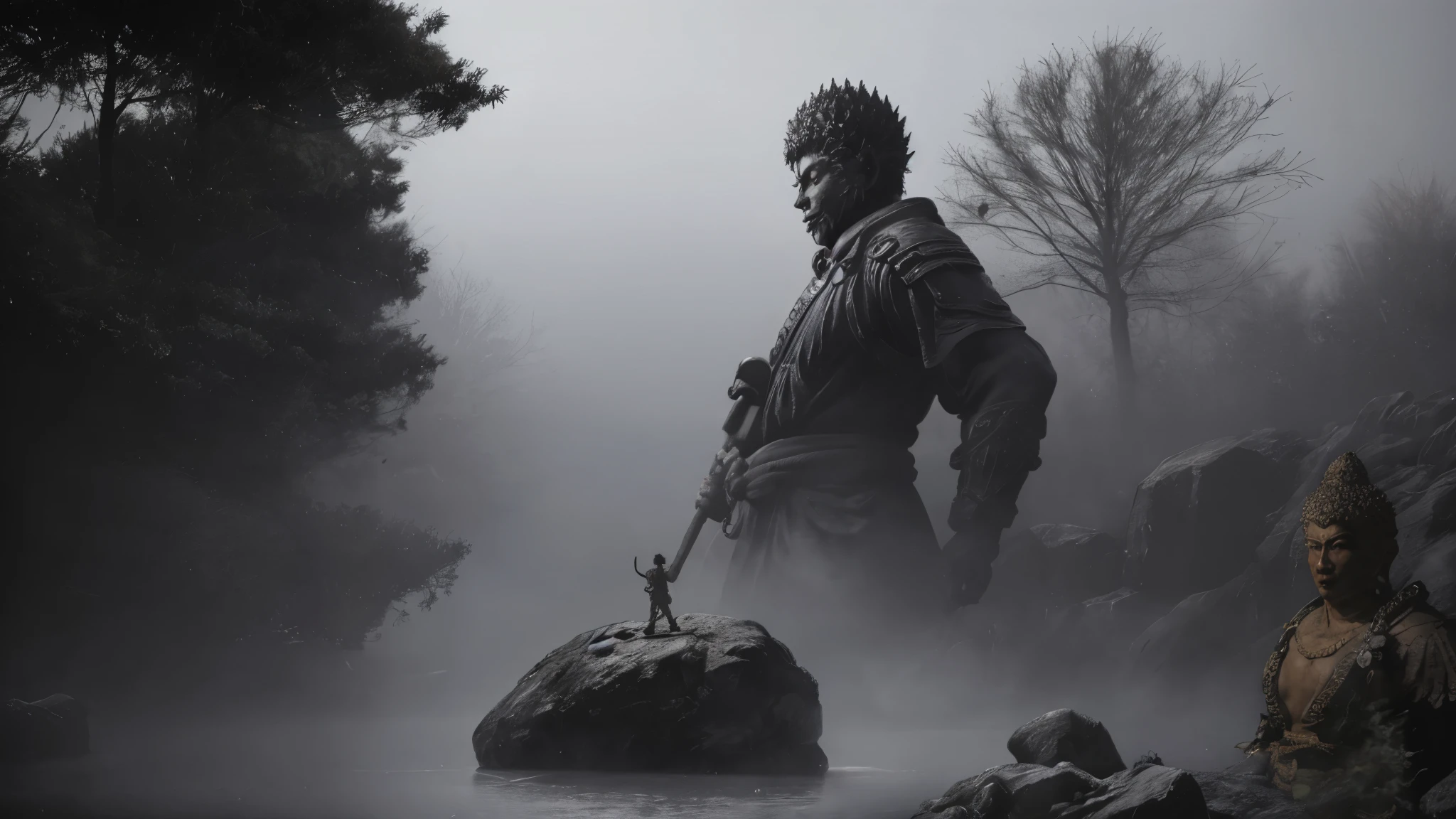 wukong \(black myth\) Standing on a huge rock, looking at the huge Buddha statue made of water，Swinging the Golden Cudgel，Jump up handsomely，After all the hardships，Stand in front of the Buddha statue，Sense of giants，Movie Feel，Lake fog，Perfect composition，close up，Shock