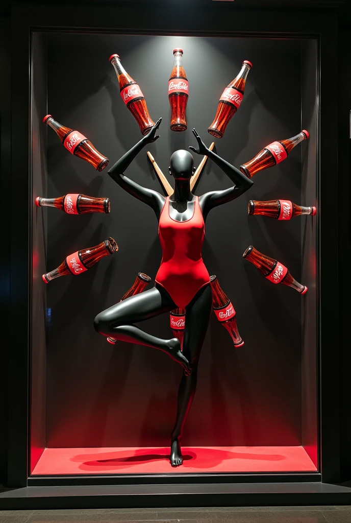 display window with a black mannequin and red swimsuit in a floating yoga position, in the middle of a clock whose hands are coca cola bottles, on a dark background and highlighted in the middle