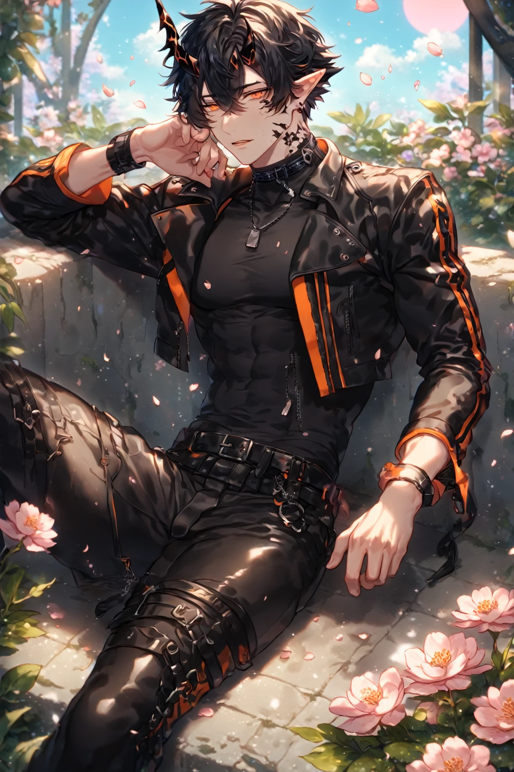 absurdres, highres, ultra detailed, HDR) master piece, best quality, extremely detailed, detailed face, detailed eyes, delicated features, Flamebringer, black hair, expressive orange eyes, Arknights, solo, sexy man, handsome, toned, sensual, black horns, slightly pointed ears, black marks on the face, cropped leather jacket with orange patterns, tight turtleneck shirt, collar, black leather pants, sitting, cherry blossoms, garden, pink flowers, fantasy, magical, pink moon, blue sky