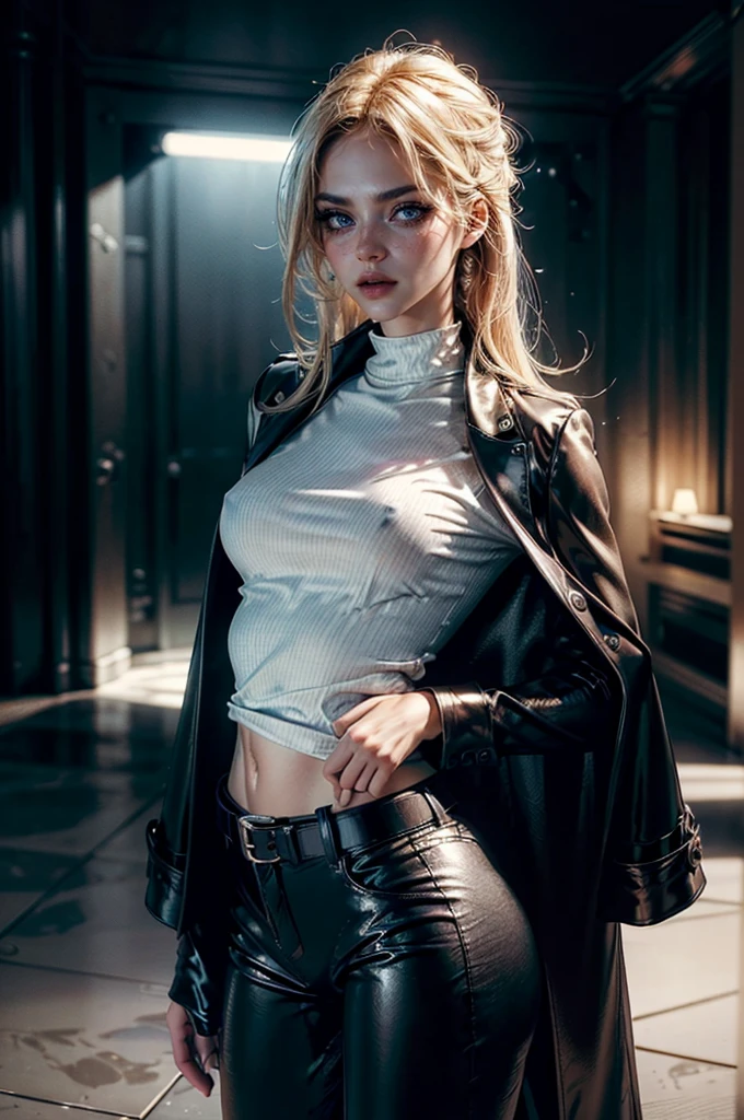 cowboy shot,a pretty 2 girl,blond hair,blue eyes,lora_Emma,slim athletic body,tight and stretched white blouse with buttons,button gap,short sleeves,ultra low rise black shiny latex pants,(double metal belt),empty studiobackground,((black coat on shoulders)),(best quality,4k,8k,highres,masterpiece:1.2),ultra-detailed,(realistic,photorealistic,photo-realistic:1.37),dramatic lighting,cinematic,fashion photography,studio lighting,high contrast,vivid colors,beautiful detailed eyes,beautiful detailed lips,extremely detailed eyes and face,long eyelashes, touching hair