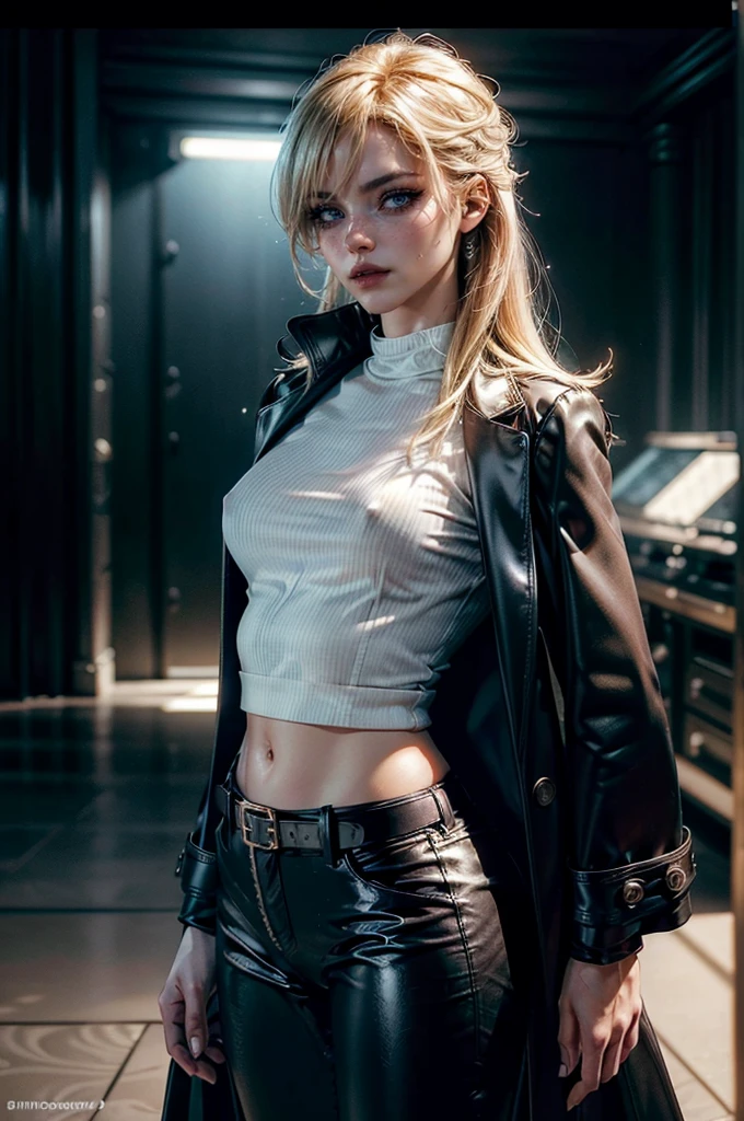 cowboy shot,a pretty 2 girl,blond hair,blue eyes,lora_Emma,slim athletic body,tight and stretched white blouse with buttons,button gap,short sleeves,ultra low rise black shiny latex pants,(double metal belt),empty studiobackground,((black coat on shoulders)),(best quality,4k,8k,highres,masterpiece:1.2),ultra-detailed,(realistic,photorealistic,photo-realistic:1.37),dramatic lighting,cinematic,fashion photography,studio lighting,high contrast,vivid colors,beautiful detailed eyes,beautiful detailed lips,extremely detailed eyes and face,long eyelashes, touching hair