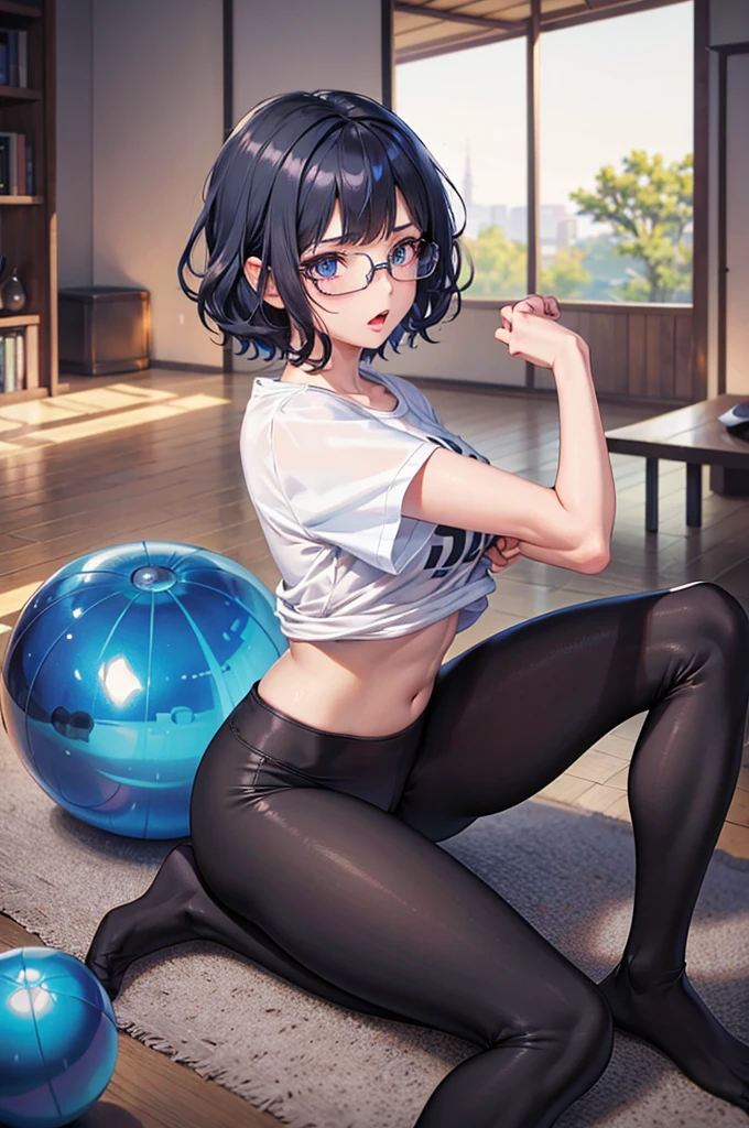 sfw,RAWphoto,photorealistic,8k16k,best quality,perfect anatomy,perfect detailed,ultra highres, extremely detailed eyes and face,gleaming skin,shiny skin,1girl,Japanese,black short hair,pixie cut,parted bangs,forehead,eyewear,round face,medium breasts,chubby,thick thigh,huge hip,wearing T-shirt,half yoga pants,sitting on the balance ball,Lean your body back on the balance ball,living room,tears eyes,open mouth, wavy mouth