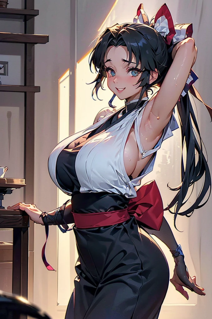 ((((High resolution, Intricate details, masterpiece, 8k, from front)))), (((beautiful, Big Breasts, Large Breasts, Huge Saggy Tits, Ninja, Ninjaスーツ))), ((indoor, One Woman, smile, laughing, dancing, Red cheeks, dancing, Big Breasts, Large Breasts, Huge Saggy Tits, Sweat, Wet Skin)), (Black Hair, Beautiful forehead, Long Hair, ponytail, Big ribbon, Glowing Skin), from front, looking at viewer, look at viewer, night, Bright room,