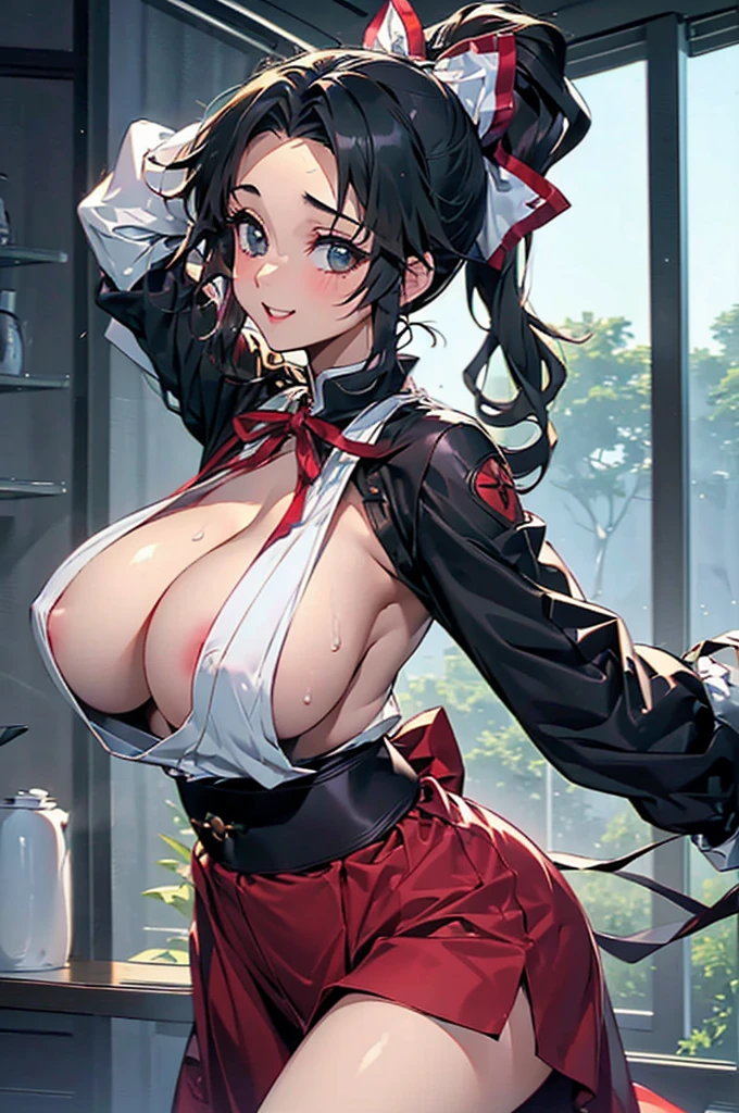 ((((High resolution, Intricate details, masterpiece, 8k, from front)))), (((beautiful, Big Breasts, Large Breasts, Huge Saggy Tits, Ninja, Ninjaスーツ))), ((indoor, One Woman, smile, laughing, dancing, Red cheeks, dancing, Big Breasts, Large Breasts, Huge Saggy Tits, Sweat, Wet Skin)), (Black Hair, Beautiful forehead, Long Hair, ponytail, Big ribbon, Glowing Skin), from front, looking at viewer, look at viewer, night, Bright room,